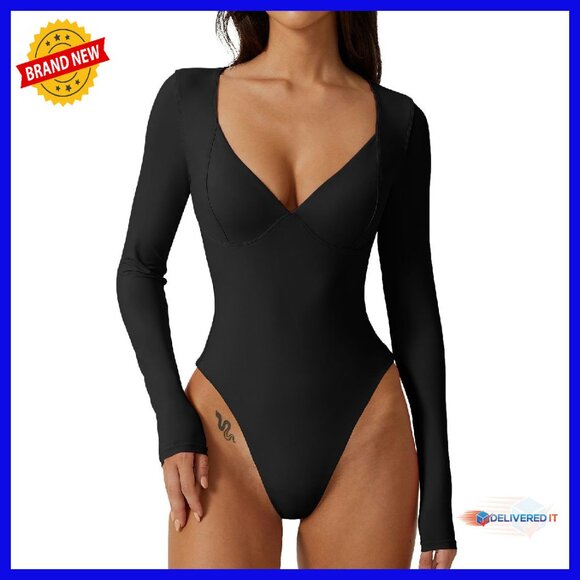 Long Sleeve V Neck Bodysuit Seamed Cup Sculpting Tops
